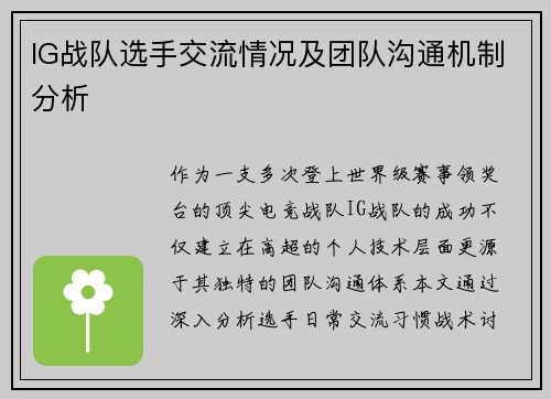 IG战队选手交流情况及团队沟通机制分析