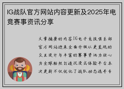 IG战队官方网站内容更新及2025年电竞赛事资讯分享