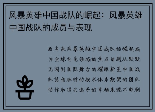 风暴英雄中国战队的崛起：风暴英雄中国战队的成员与表现