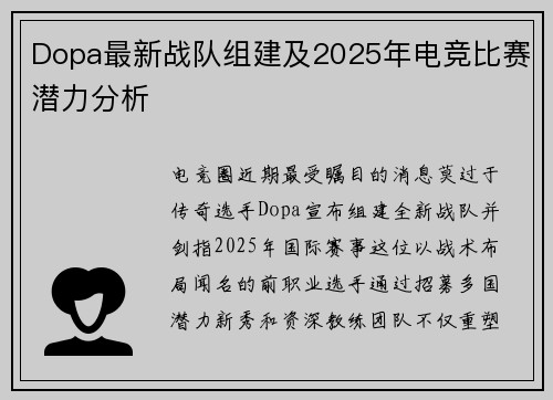 Dopa最新战队组建及2025年电竞比赛潜力分析