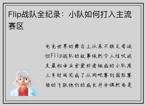 Flip战队全纪录：小队如何打入主流赛区